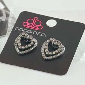 Paparazzi Gunmetal Double Heart Rhinestone Earrings